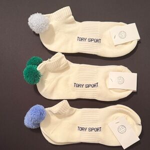 NWT - Set of 3 Tory Sport Cream Ankle Socks with Colorful Pom Poms